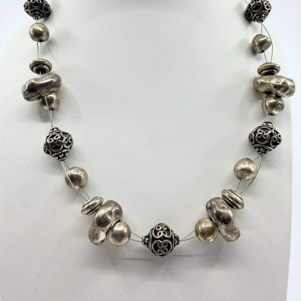VTG Silver Tone Textured Bead Illusion Floating Strand Necklace Y2K Boho Retro